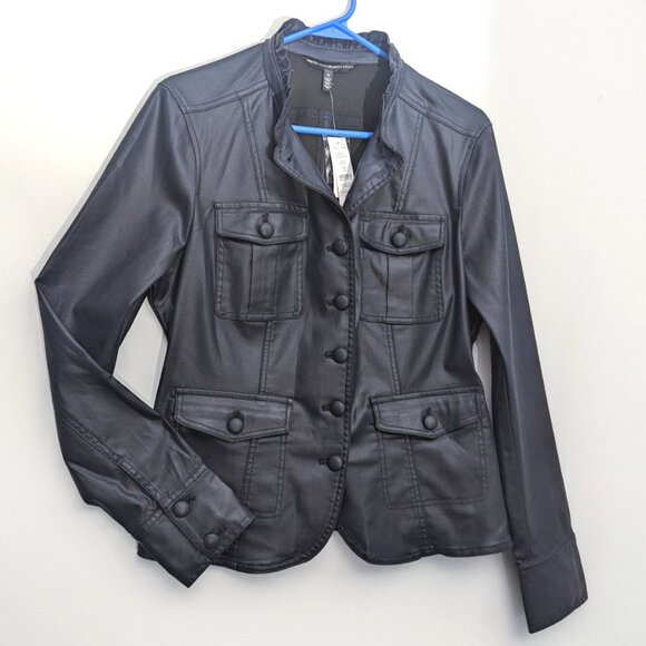 WHBM $180 NAVY Coated Denim Military Jacket Officer Blue Stretchy WASHABLE 14/12 - Picture 1 of 9